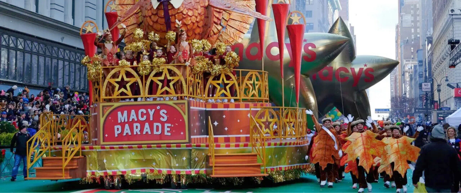 A parade float with a chicken and balloons

Description automatically generated